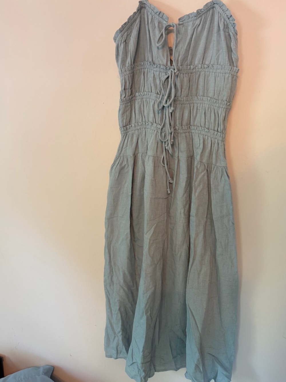 Smocked Light Blue Midi Dress with Front Ties - Women's